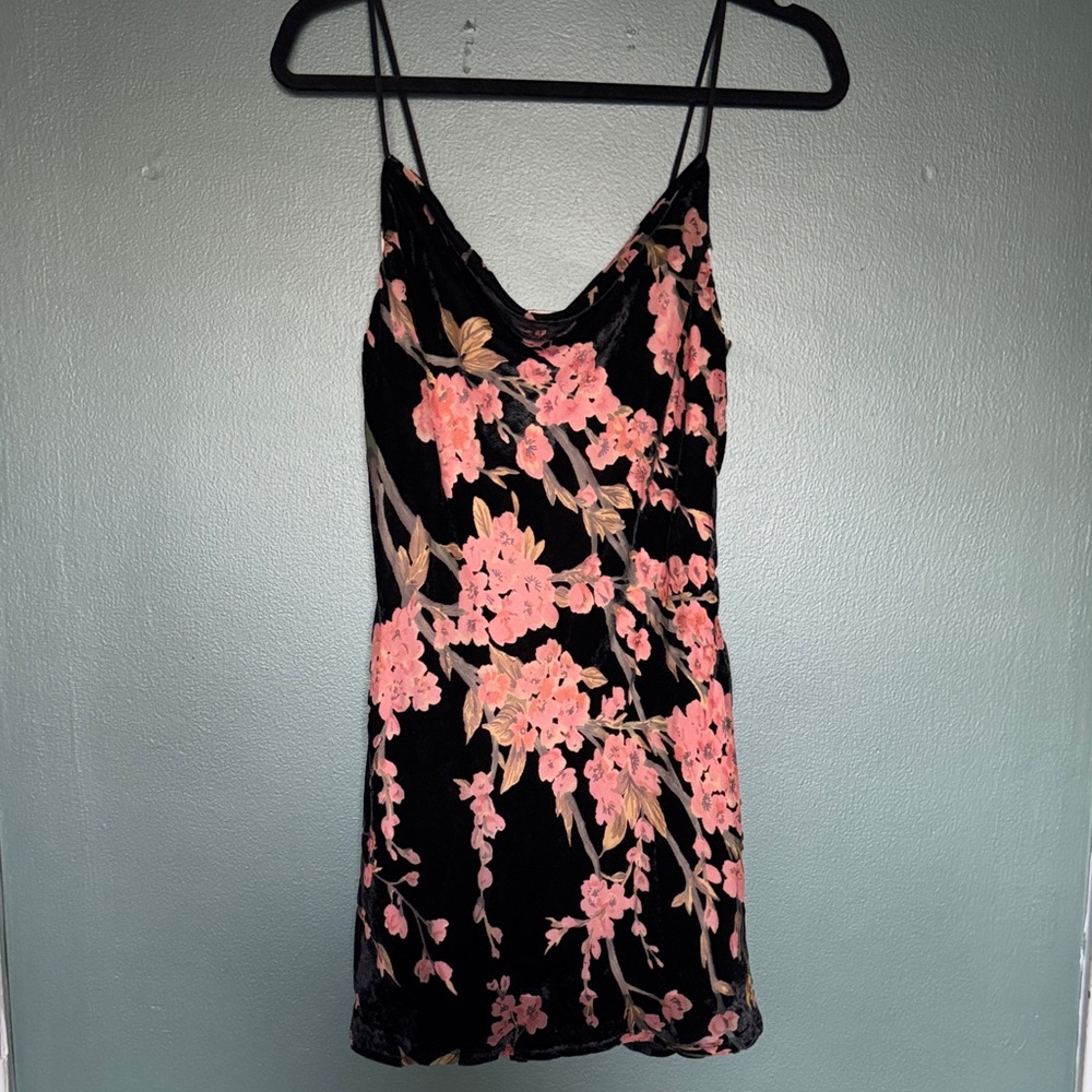 Princess Polly Black Velvet Slip Dress with Pink Floral Embroidery